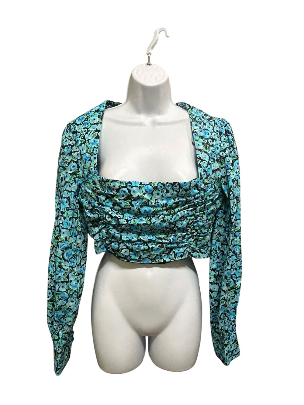 Bershka Blue Floral Long Sleeve Cropped Top Size L